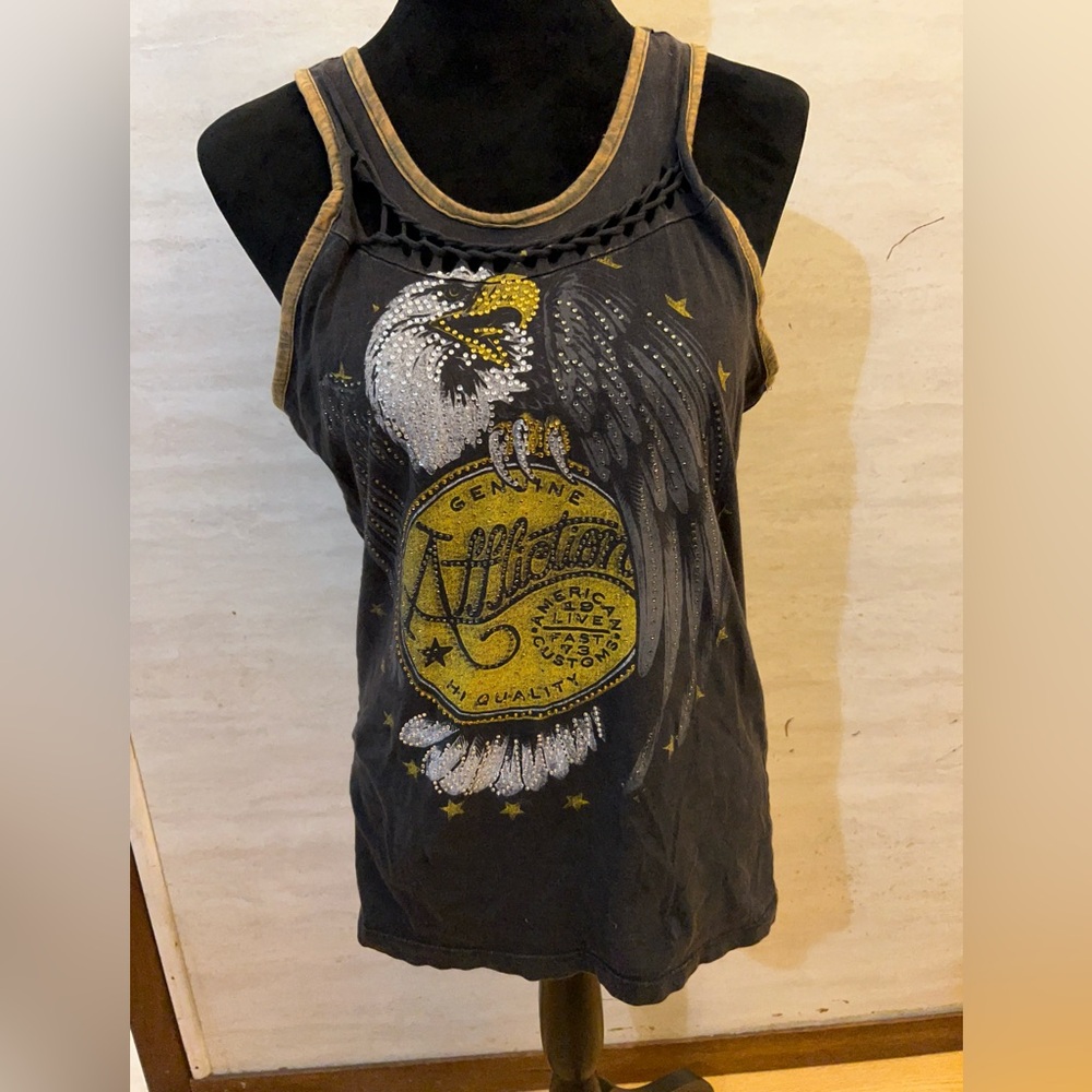 Affliction Black Tank Top with Gold & White Eagle Graphic - Picture 1 of 15